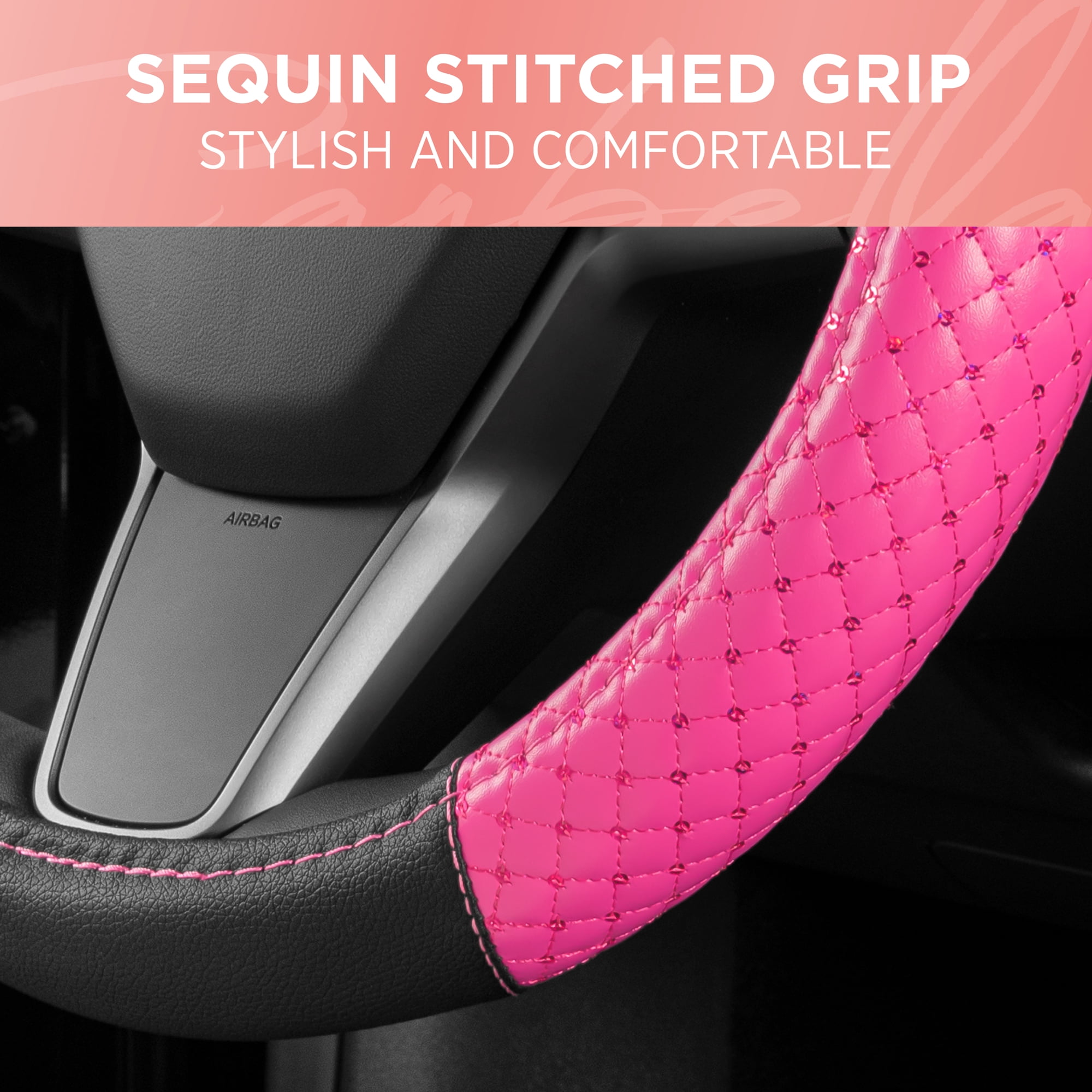 BDK CarXS Diamond Quilt Steering Wheel Cover, Pink – Breathable Anti-Slip Protector with Bling Bling Sequin for Women, Fits Most Standard Wheel Sizes 14.5-15 inch