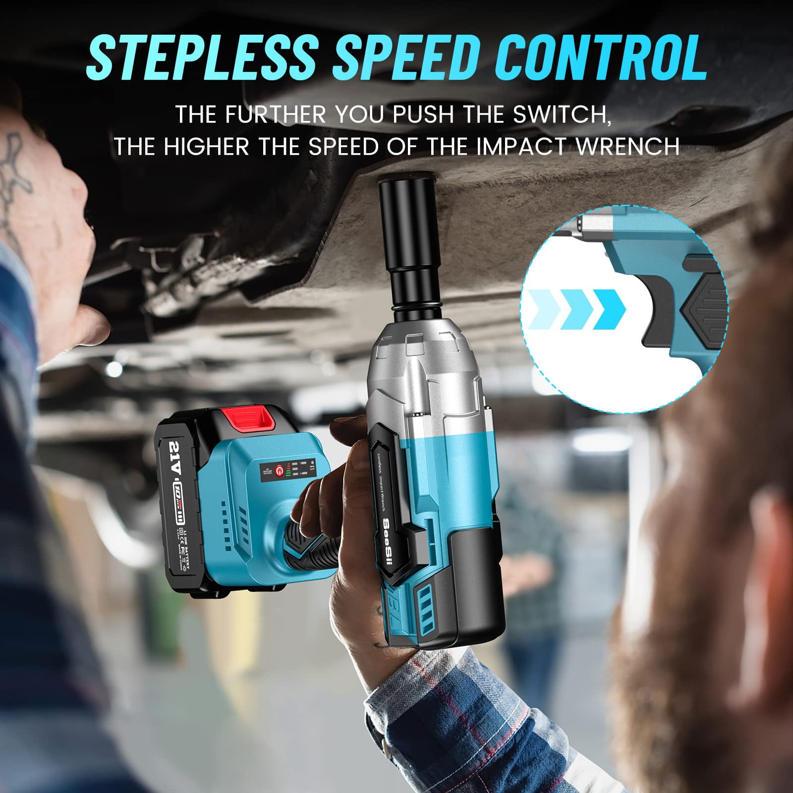 Cordless Impact Wrench, SeeSii Brushless Impact Wrench 1/2 Max Torque  479Fts 