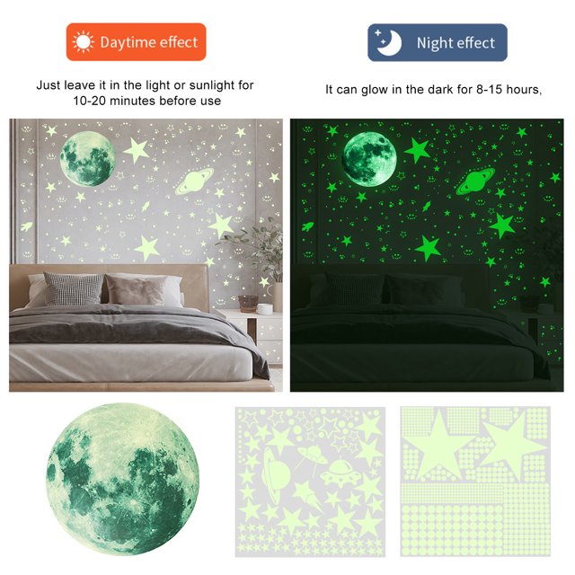 Decoración Calcomanías de pared que brillan en la oscuridad-3D Moon Boat pegatinas de arte extraíbles (verde) Tmvgtek Original