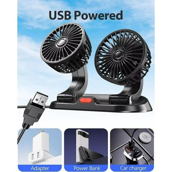 Universal 5V Dual Head Car Fan Rotatable USB Powered Cooling Air Fan