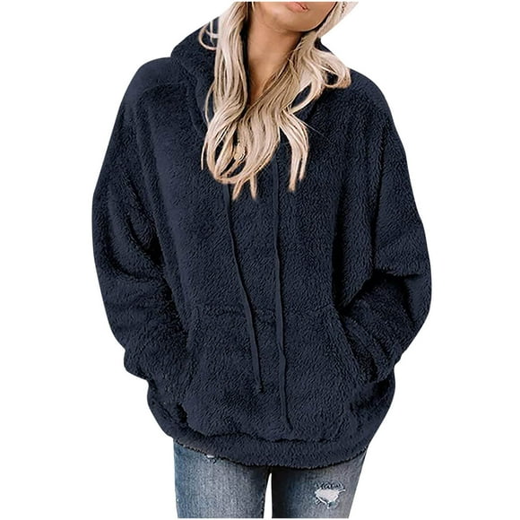 Bigersell Chandails à Capuche en Molleton pour Femmes 2023 Mode Douillette Chaude Décontractée Ample avec Poches, Cordon de Serrage, Vestes Légères, Marine G