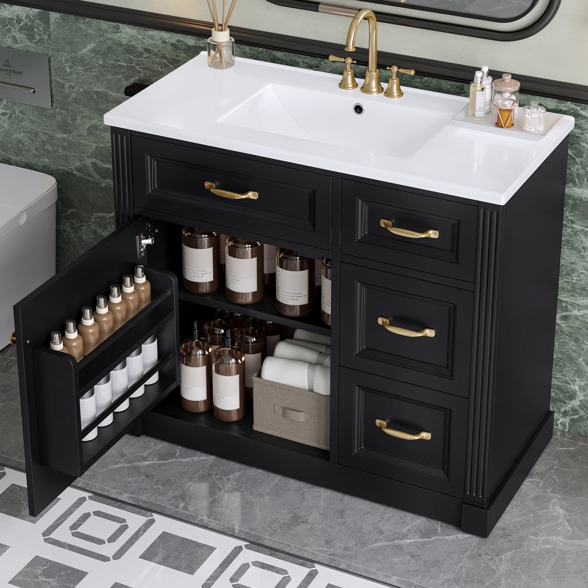 Euroco 36 Inch Bathroom Vanity with Sink, Cabinet with 4 Drawers, Soft-Close Door & Adjustable Shelf, Ceramic Basin, Modern Storage Vanity for Bathroom Organization, Black Finish