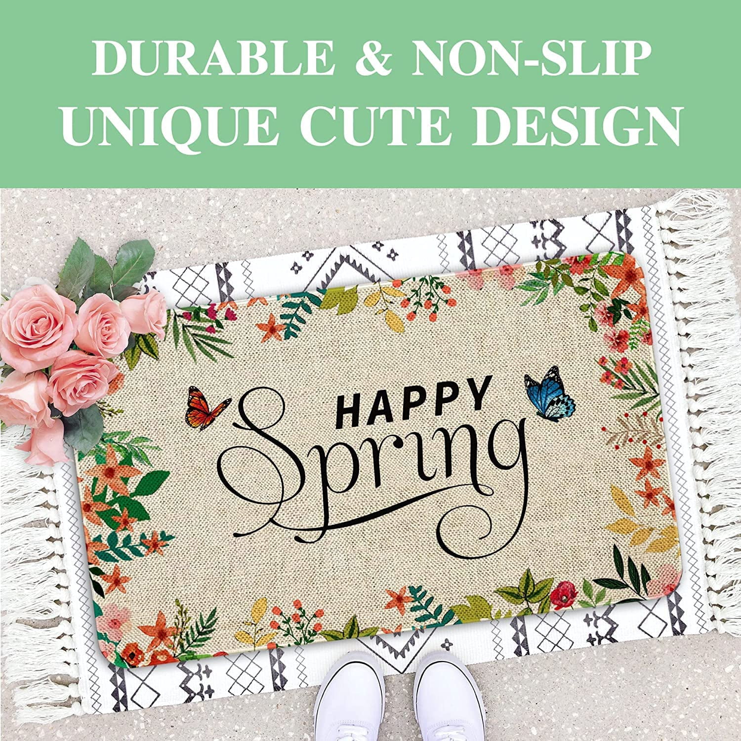 Happy Spring Outdoor Door Mat Flower Farmhouse Decor Welcome Mats Colorful Flowers Doormat Non Slip Rubber Floral Decorative Front Door Mats Indoor Rug 17" x 30"