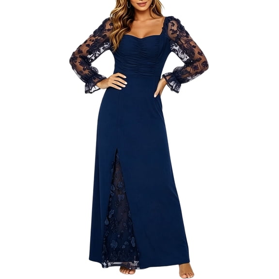 Karymi Cocktail Dresses for Women Floral Applique Maxi Dress, Square Sweetheart Neck Ruched Bust Long Flare Sleeve High Slit Formal Wedding Guest Evening Gown Sundress