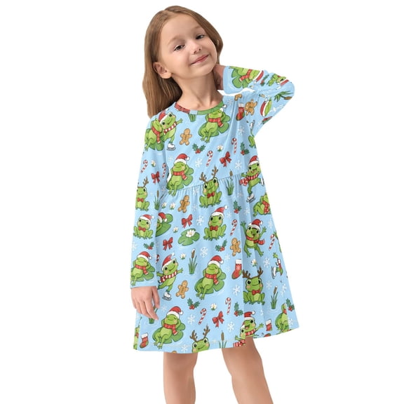 Girls Dress Soft Casual Long Sleeve Cute Dress for Girls Fashion Prints Flog Crew Neck