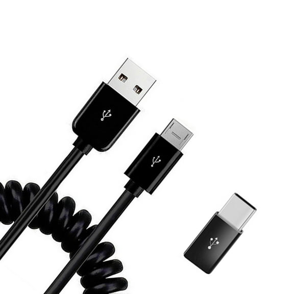 Coiled USB Cable Charger Cord for Samsung Galaxy A05/A13 5G/A14 5G/A23 5G/A33 5G/A53 5G/A73 5G - Micro-USB to USB-C Adapter Power Wire Sync Black