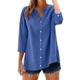 thumbnail image 3 of Linen Tops Women Beach Vacation Tshirts Flowy Tops For Women Peasant Blouse Womens Gauze Tops Office Work Tops Womens Summer Tops Roll Up Short Sleeve Peasant Tops For Women Blue2 L, 3 of 9
