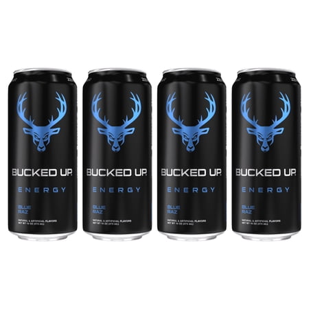 (4 pack) Bucked Up Energy Drink, Blue Raz, 300mg Caffeine, 16 fl oz, 1 Can