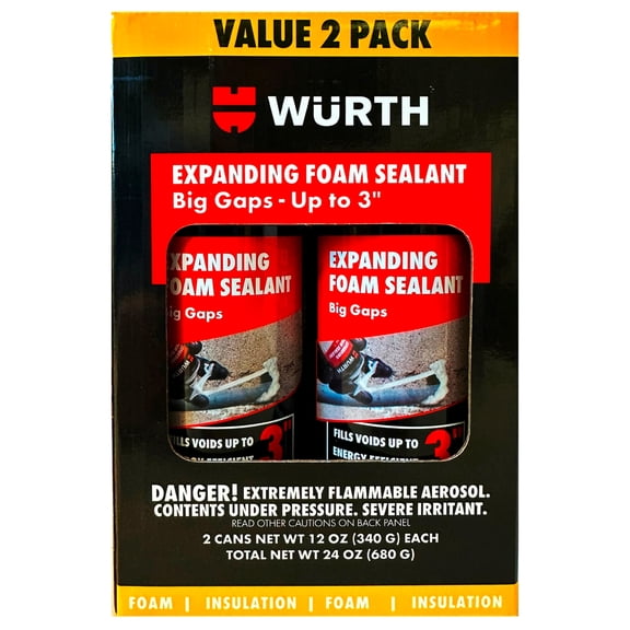 Würth Expanding Foam Sealant Value 2-Pack - Big Gaps up to 3 Inches, 2 x 12 oz Insulating Spray Foam Cans