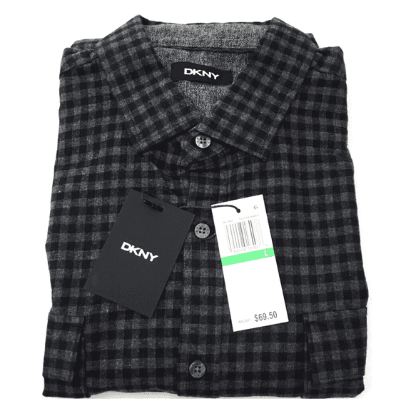 DKNY Mens Long Sleeve Plaid Cotton Shirt, Charcoal Heather, Size Large