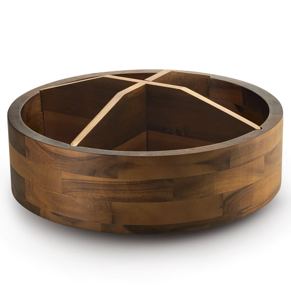 TIDITA 12" Acacia Wood Lazy Susan Organizer with 4 Dividers - Wooden Round Serving Turntable for Tabletop, Countertop - Kitchen Storage Tray Rotating Food Bin Container for Spices, Cabinet, Fridge