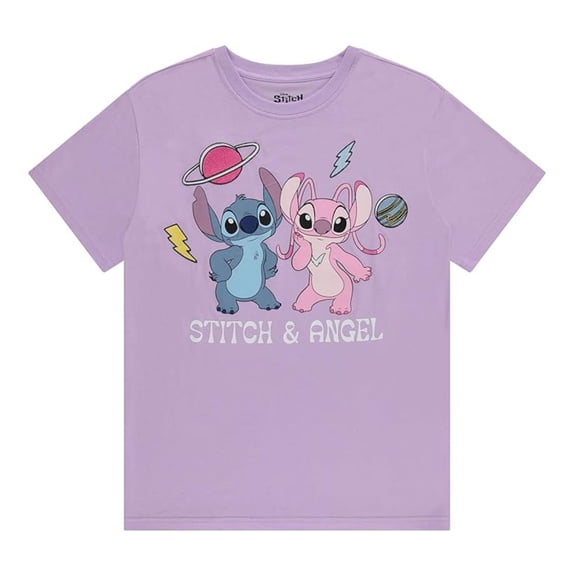 Disney Women's Lilo and Stitch Shirt, Graphic Printed with Embroidery Angel and Stitch T-shirt Lilac - M