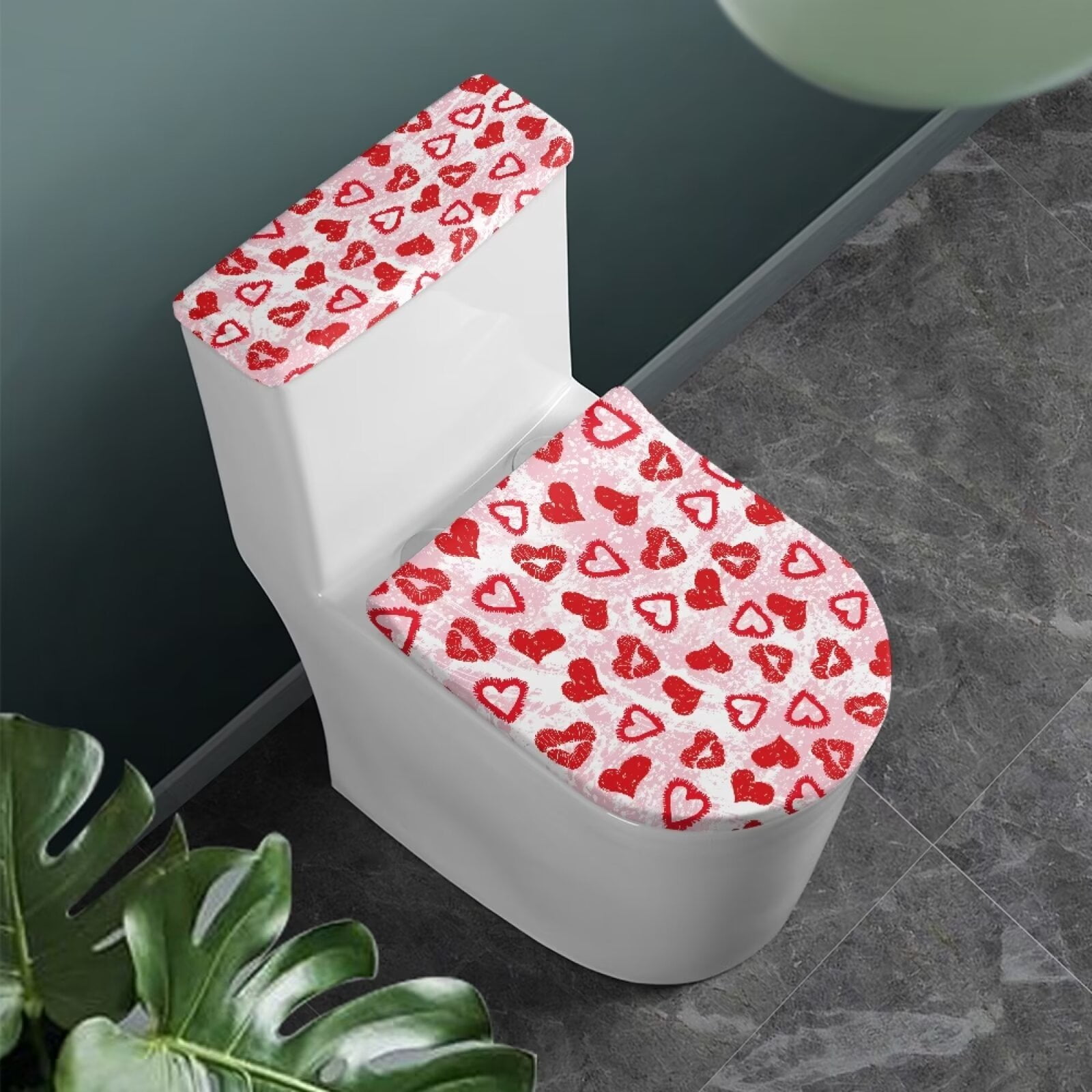 Renewold Hearts Print Kiss Lips Toilet Cover Sets for Bathroom 2