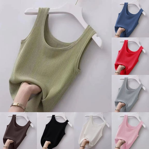 HVOBTTY Summer Women's Crew Neck Cropped Tank Tops Solid Color Sleeveless Loose Pullover T Shirt