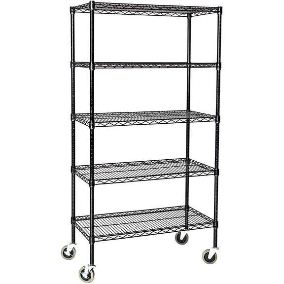 12" Deep x 48" Wide x 80" High 5 Tier Black Wire Shelf Truck with 800 lb Capacity