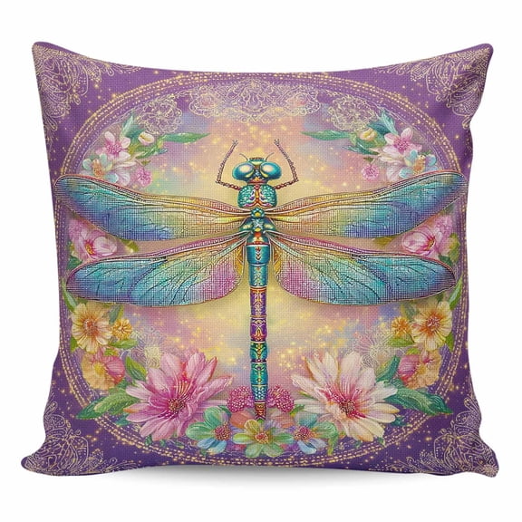 Purple Dragonfly Pillow Covers 16x16 Inch Decorative Throw Pillow Cover, Colorful Flowers Watercolor Chic Floral Plant Sofa Pillowcases Accent Cushion Case Home Decor Bedroom Living Room