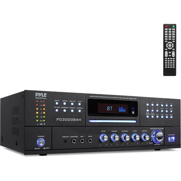 Amplificador Bluetooth Inalámbrico de 4 Canales Pyle, Receptor de Audio Estéreo para el Hogar con Radio FM, HDMI, USB, 2 Entradas de Micrófono con Eco y Reproductor de CD Frontal