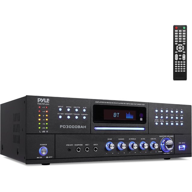 Amplificador Bluetooth Inalámbrico de 4 Canales Pyle, Receptor de Audio Estéreo para el Hogar con Radio FM, HDMI, USB, 2 Entradas de Micrófono con Eco y Reproductor de CD Frontal