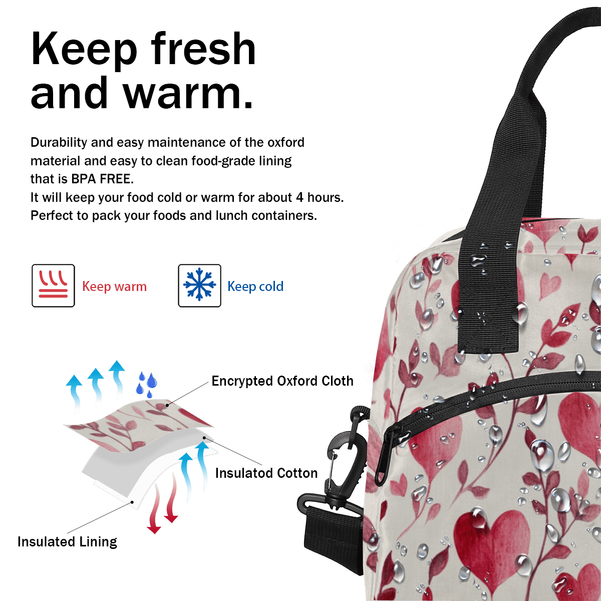 Herdesigns Cute Heart Shape Insulated Lunch Bag for Women Men Adults Large Reusable Lunch Box Leakproof Portable Cooler Tote Bags with Adjustable Shoulder Strap
