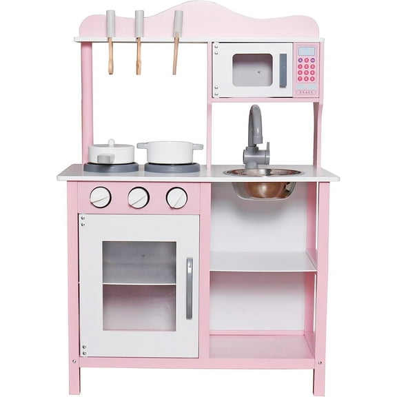 Play Kitchen Toy Kids Playset, Wooden Kitchen Playset Chef Pretend Play Set for Toddlers, Toy Kitchen Toy Food & Astove Oven, Microwave Cookware Accessories, Gift for Ages 3  (Pink)