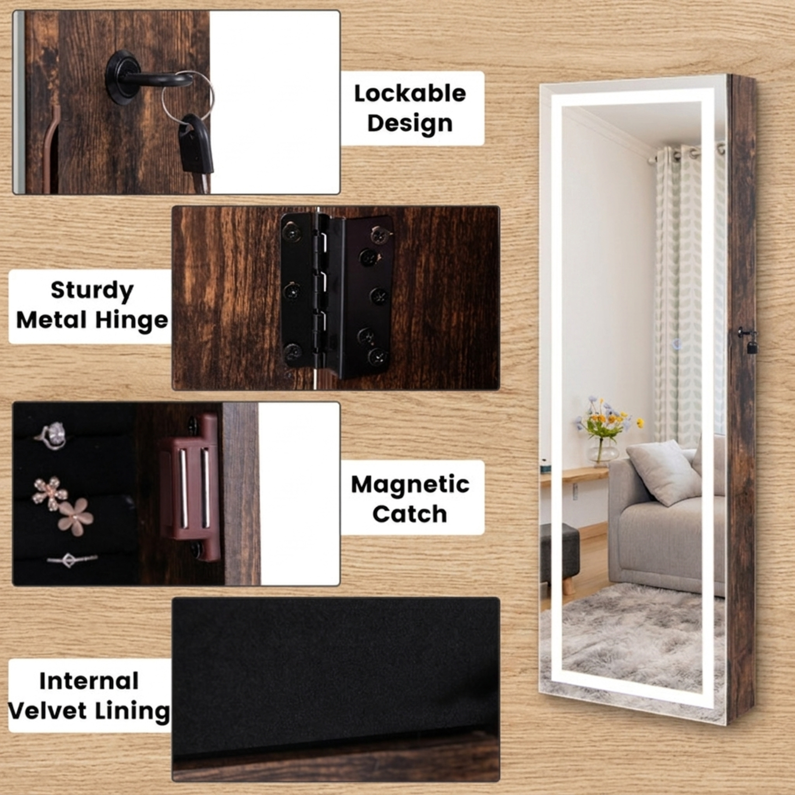 Furnibear Mirrored Jewelry Armoire with Full Length Mirror and 2 Internal LED Lights for Bedroom Dressing Room Jewelry Necklace Rings, Rustic Brown