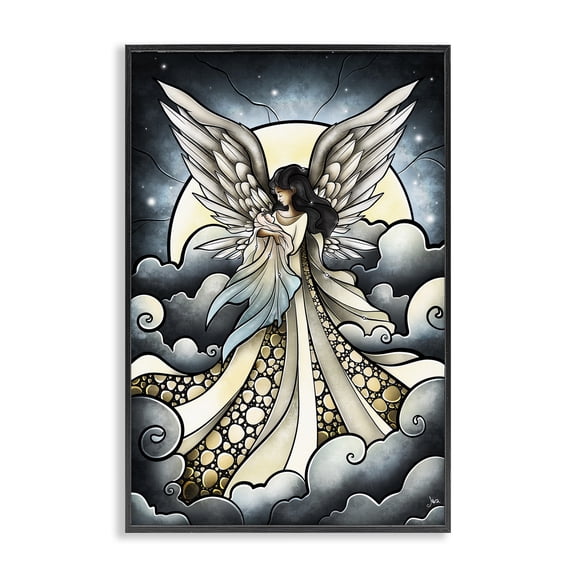 Stupell Industries Classic Angel & Baby in Clouds Spiritual Painting Black Framed Art Print Wall Art, 12 x 18