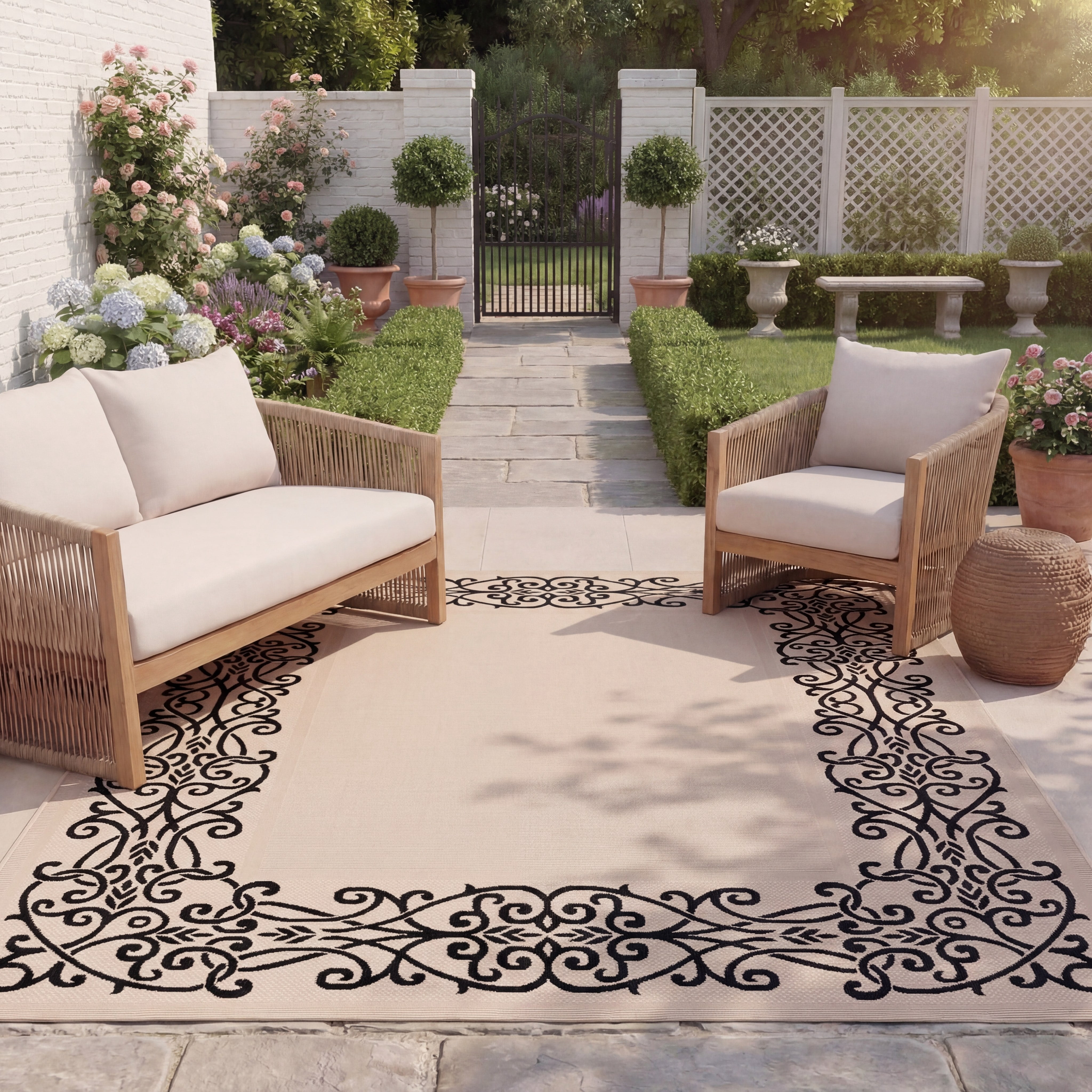 Safavieh Courtyard Ellie Oriental Indoor/Outdoor Area Rug, Sand/Black, 9' x 12'