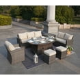 thumbnail image 2 of Outdoor 7 Pcs Furniture Set with Brown Fire Pit Table, PE Wicker Rattan Gray Sectional Sofa Patio Conversation Sets, 2 of 11