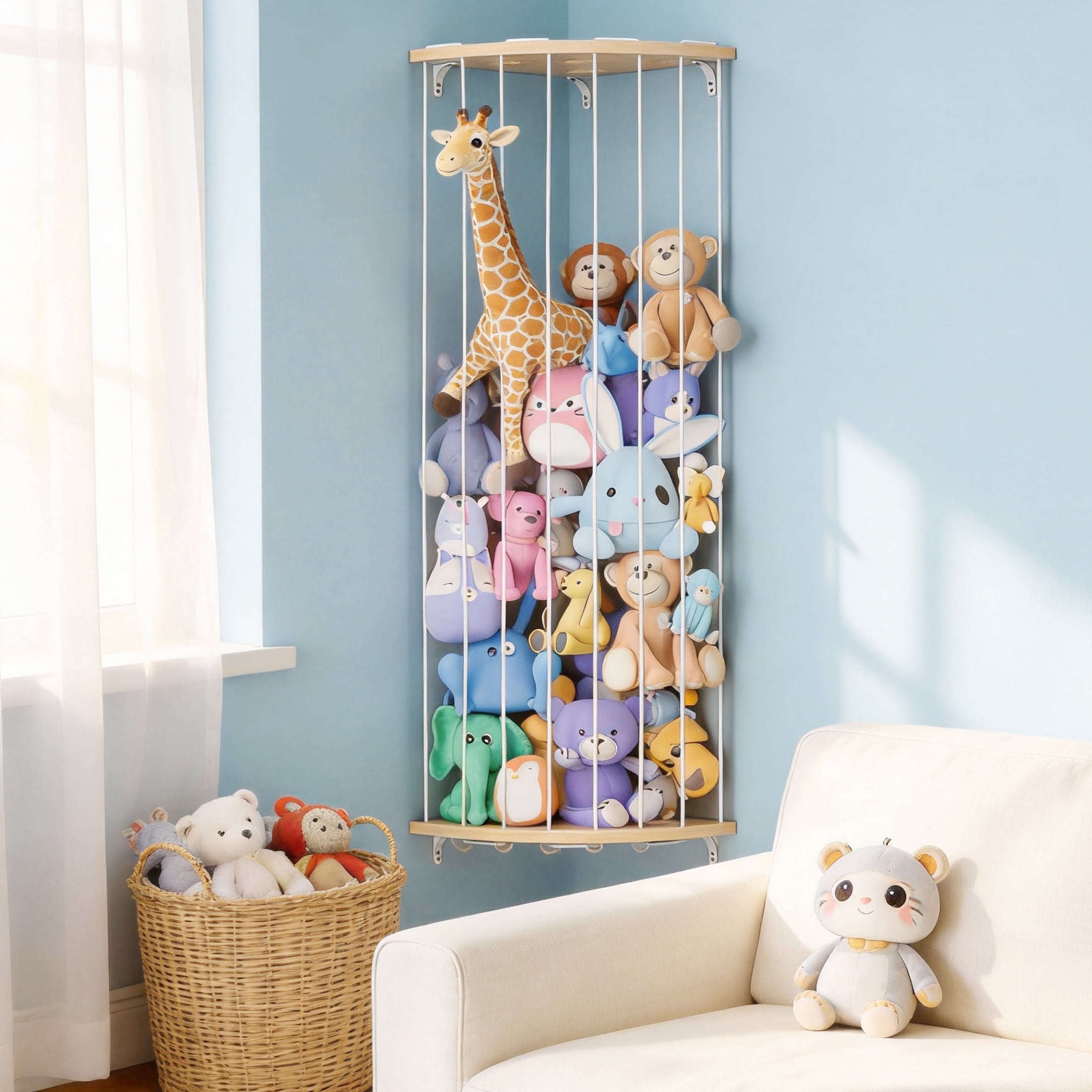 GARITIN Corner Stuffed Animal Storage, Adjustable Plush Toy Holder for Kids Bedroom Playroom Nursery