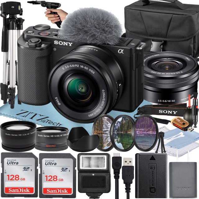 Cámara Vlog sin Espejo Sony Alpha ZV-E10 con Lente de 16-50 Mm + Pack de 2 Tarjetas de Memoria de 128 Gb + Flash + Trípode + Estuche + Pack de Accesorios ZeeTech (Negro)