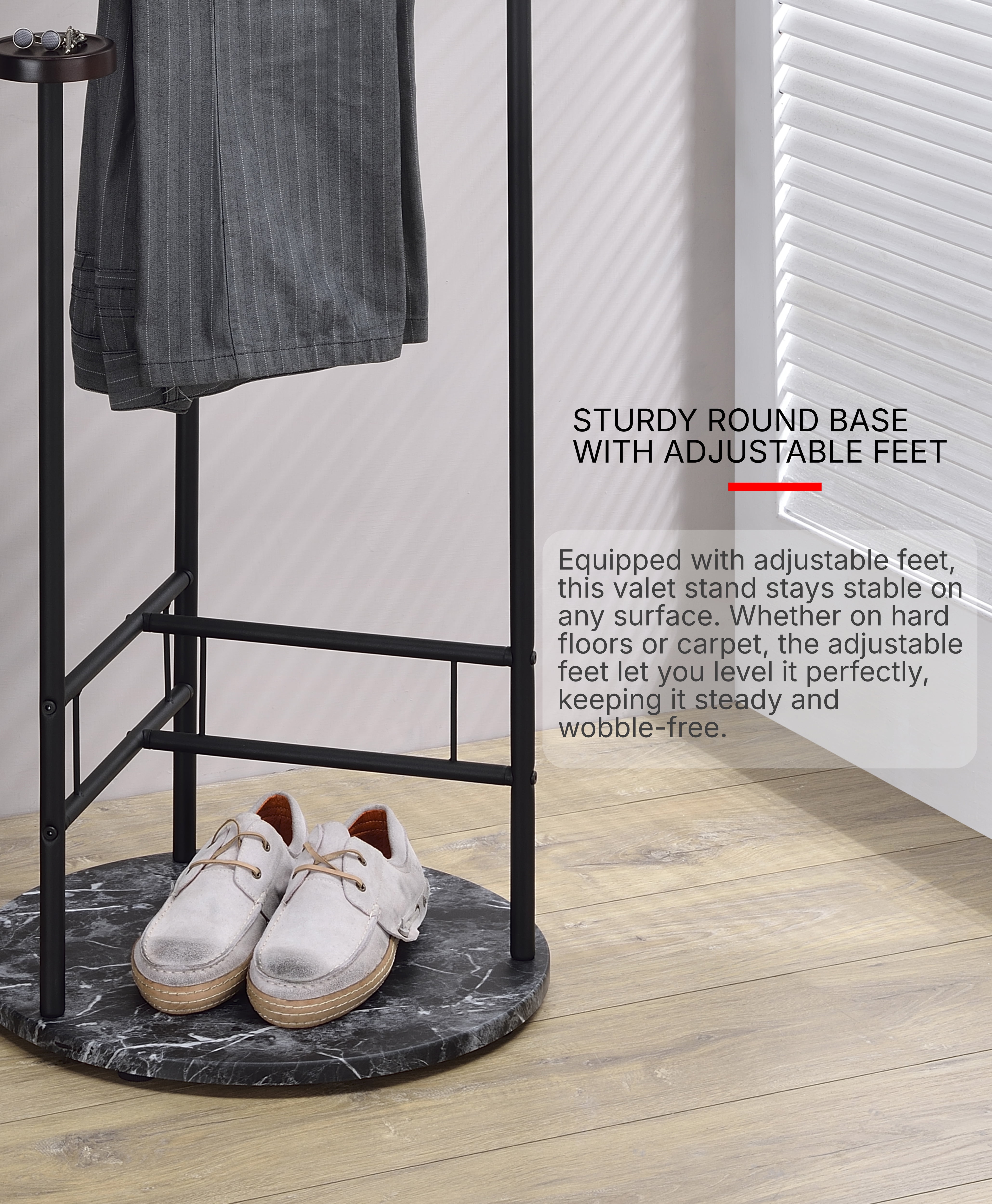 Proman Products Scandia Valet Stand, Clothes Organizer with Tray Hanger Wood Metal, Black