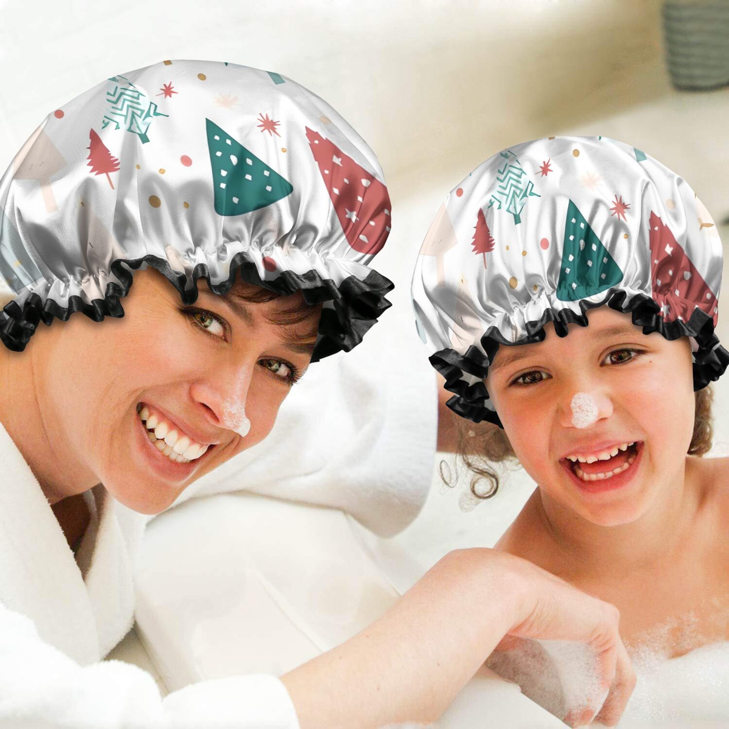 Shower Caps,White Christmas Tree Pattern Waterproof Shower Cap for Women 4 Pieces,Double Reusable Hair Cover for Shower PEVA Elastic Stretch Hem