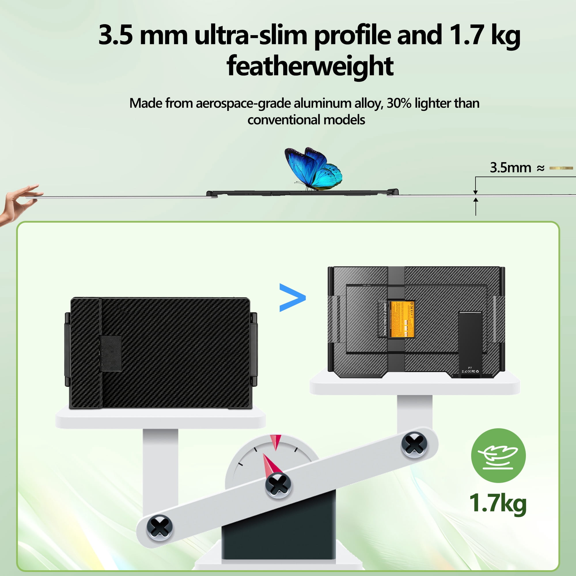 Laptop Screen Extender, 15.6” Ultra-Slim Triple Portable Monitor, 1080P FHD IPS Display, USB-C/USB-A Connection, Travel Monitor for 12–17" Laptops, Windows/Mac/Android