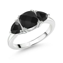 Gem Stone King 925 Sterling Silver Black Onyx 3 Stone Engagement Ring for Women | 2.19 Cttw | Gemstone December Birthstone | Cushion 7MM and Trillion 5MM | Available in Size 5, 6, 7, 8, 9