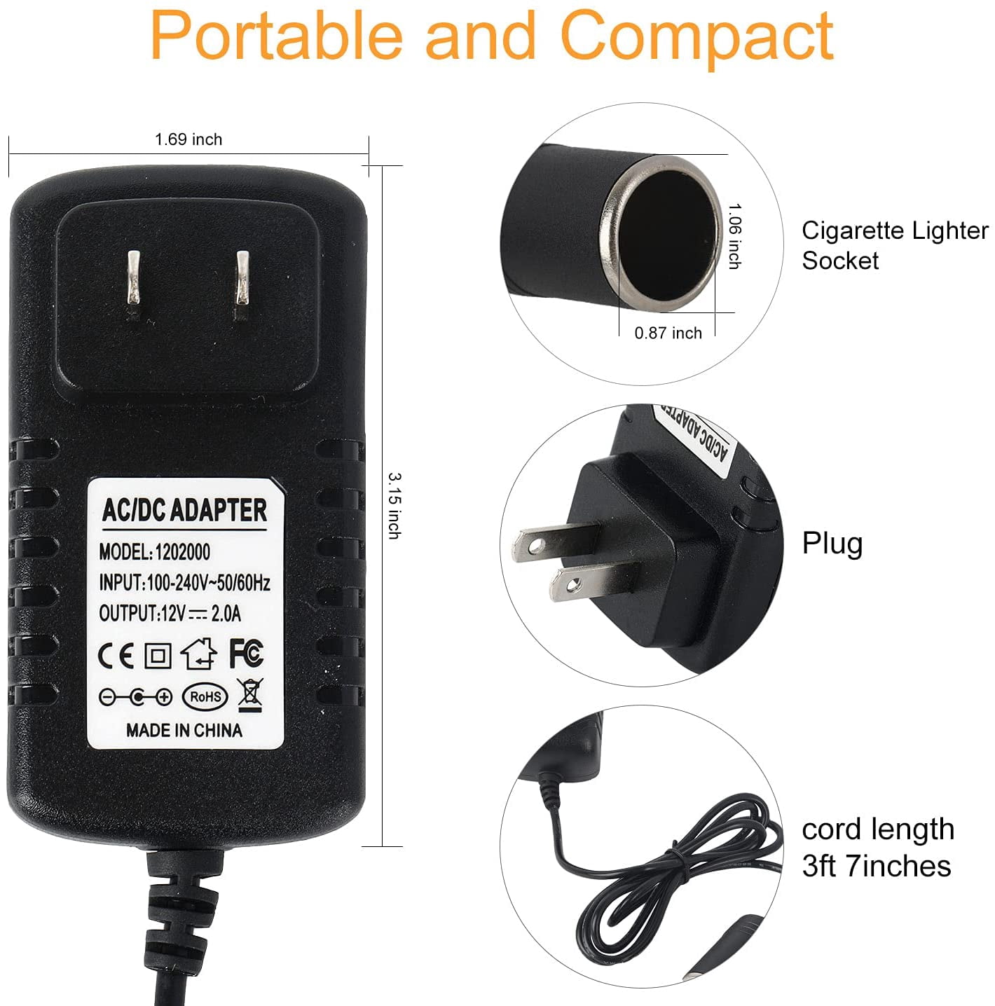 AC to DC Converter 2A 24W Car Cigarette Lighter Socket 110-240V to 12V AC/DC Power Adapter,Converter Transformer US Wall Plug Adapter for Automotive Powered Devices car Recorder, car Fans