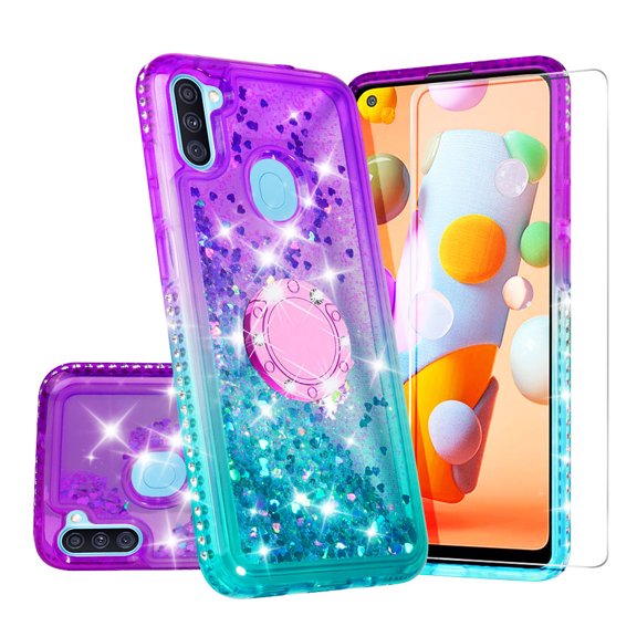 SOGA Rhinestone Liquid Quicksand Cover Cute Girl Phone Case for Samsung Galaxy A11 Case with Embedded Ring for Magnetic Car Mounts and Lanyard - Purple / Teal