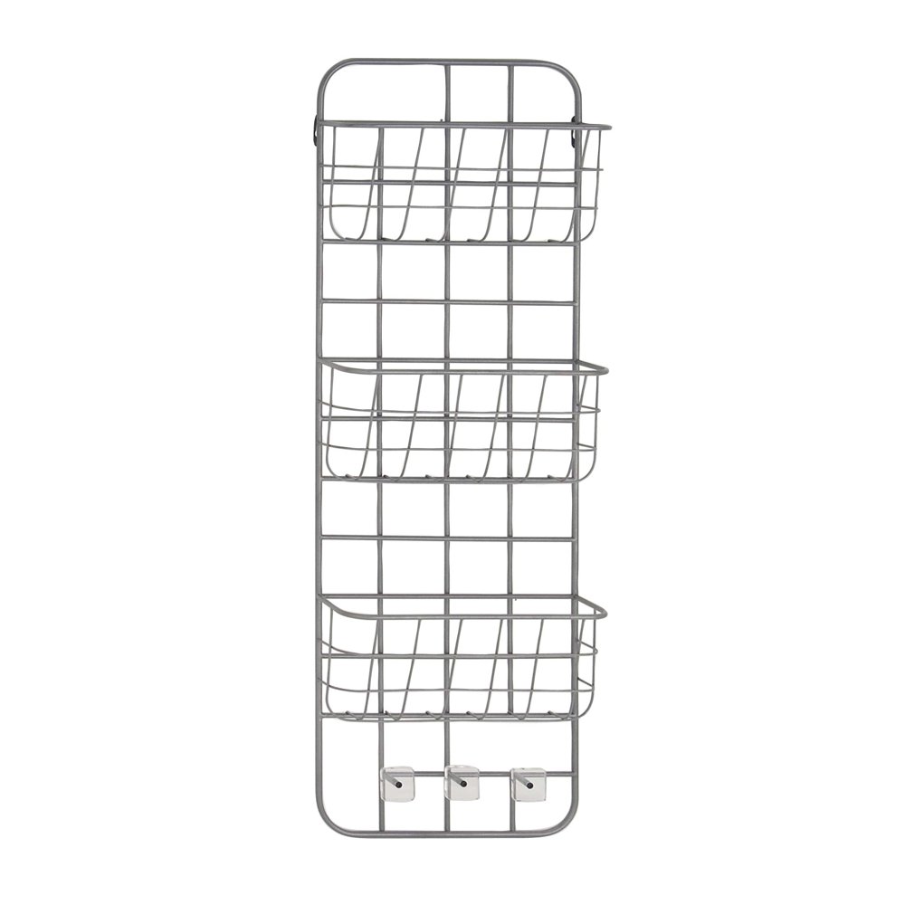 Decmode Modern Silver Metal 3Tier Basket Wall Rack with 3 Hooks, Gray