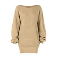 thumbnail image 5 of Women's Sweater Dress Knit Dress Long Sleeve Off Shoulder Solid Color Casual Winter Dress for Loungewear,Khaki,L, 5 of 7