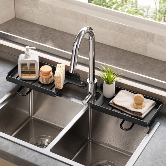 Bathroom Sink Shelf Over Faucet-Faucet Storage Shelf,No-Drill Kitchen Sink Sponge Holder & Drain Rack,Kitchen Bathroom Countertop Organizer Above Sink Drain Rack
