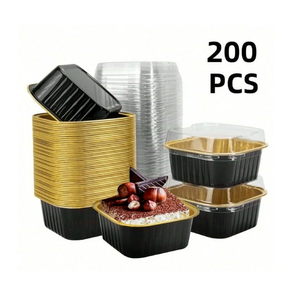 200pcs Baking Cups Aluminum Foil With Lids,5oz Cupcake Mini Cake Pans For Muffins, Desserts, Flans, Pudding&Party Food Display