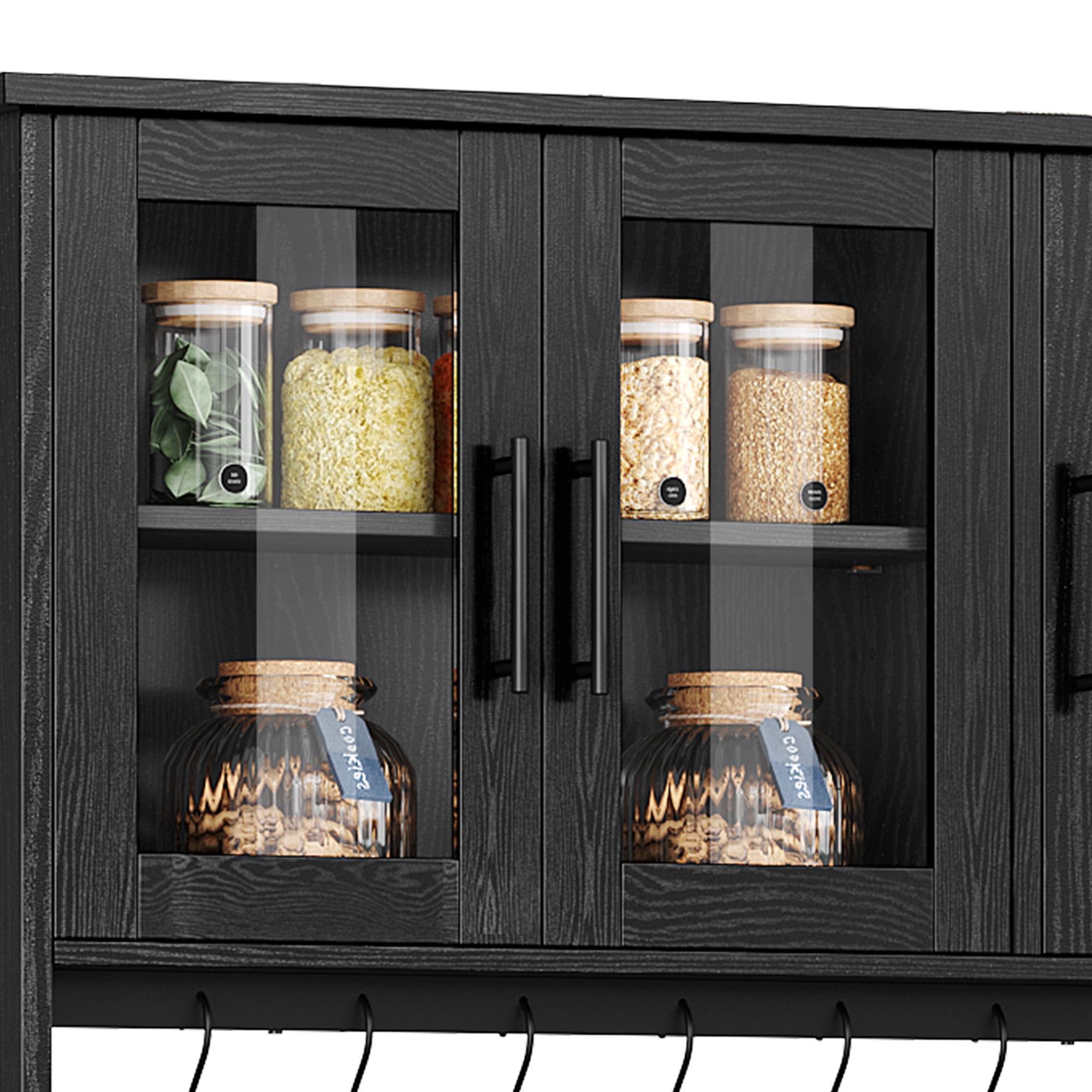 Dextrus 71" Tall Pantry Storage Cabinet with Power Strip, Hooks, 2 Drawers, Microwave Stand, Kitchen Organizer, Black