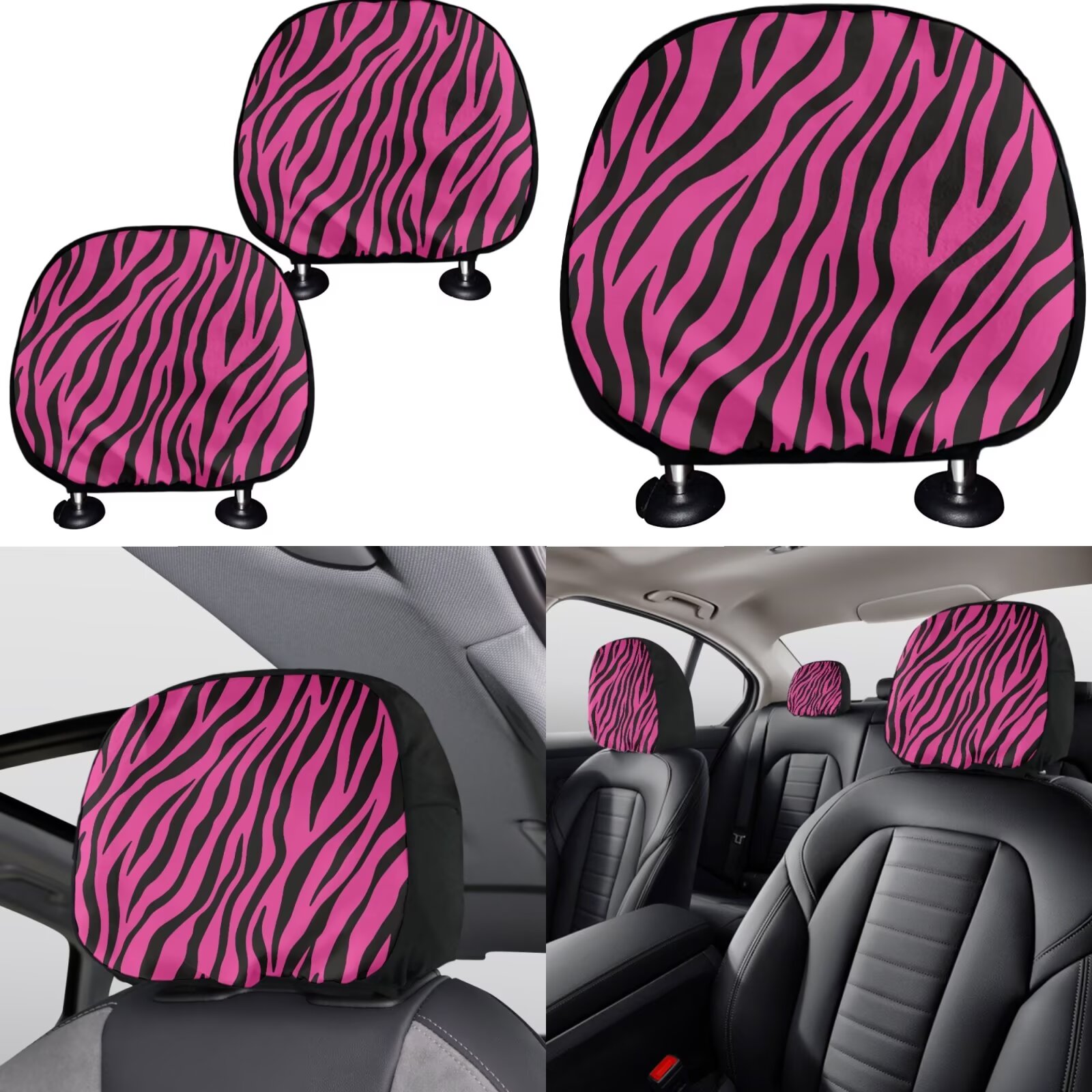Garronmavis Pink Zebra Stripe Car Seat Cover Full Set of 11pcs with Headrest Protector Lanyards Key Chain Cup Pad Gear Shift Knob and Handbrake Sleeve Automotive Seat Cover Accessories