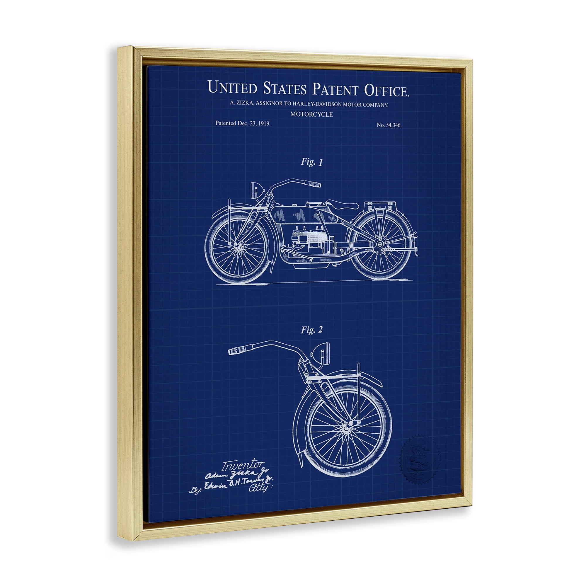 Stupell Industries Detailed Motorcycle Blueprint Transportation Painting Gold Floater Framed Art Print Wall Art, 17 x 21