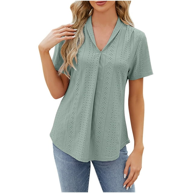 AherBiu Hauts de Plage pour Femmes, Col à Trous, Manches Courtes, Boho, Voyage, Été, Blouse Décontractée