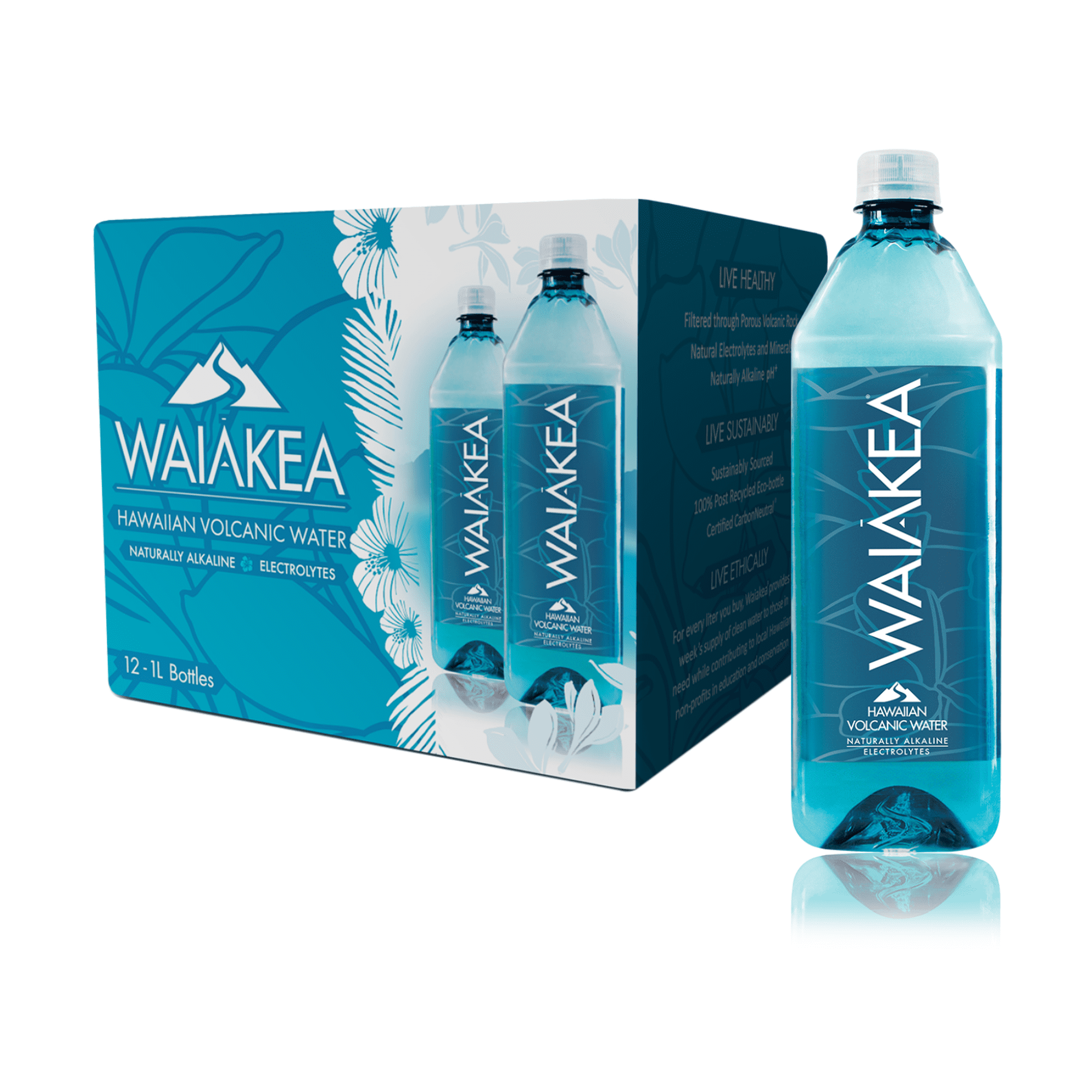 Waiakea Hawaiian Volcanic Water, Naturally Alkaline, 100% Upcycled Bottle, 1L Bottles (Pack of 12)
