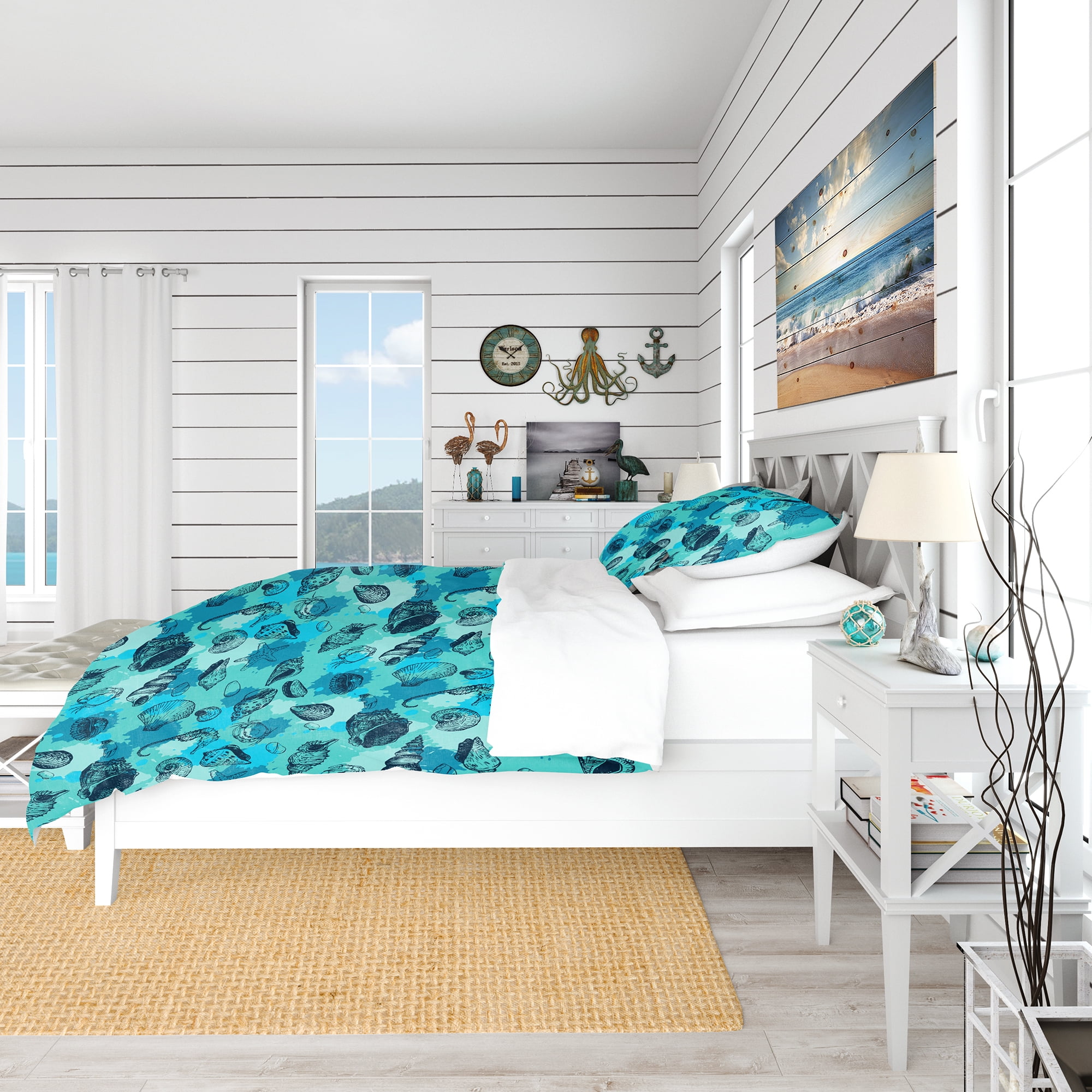 Designart 'Pattern with Line Drawing Shells' Nautical & Coastal Duvet Cover Set