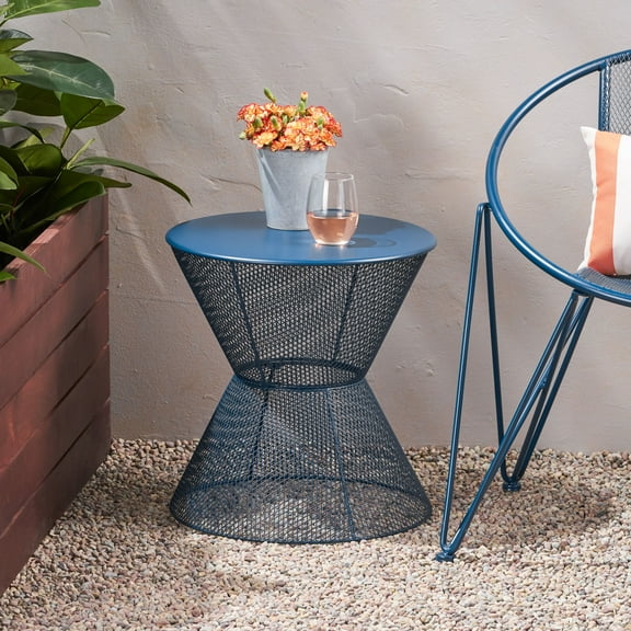 Noble House Nevada Outdoor Iron Side Table in Matte Navy Blue