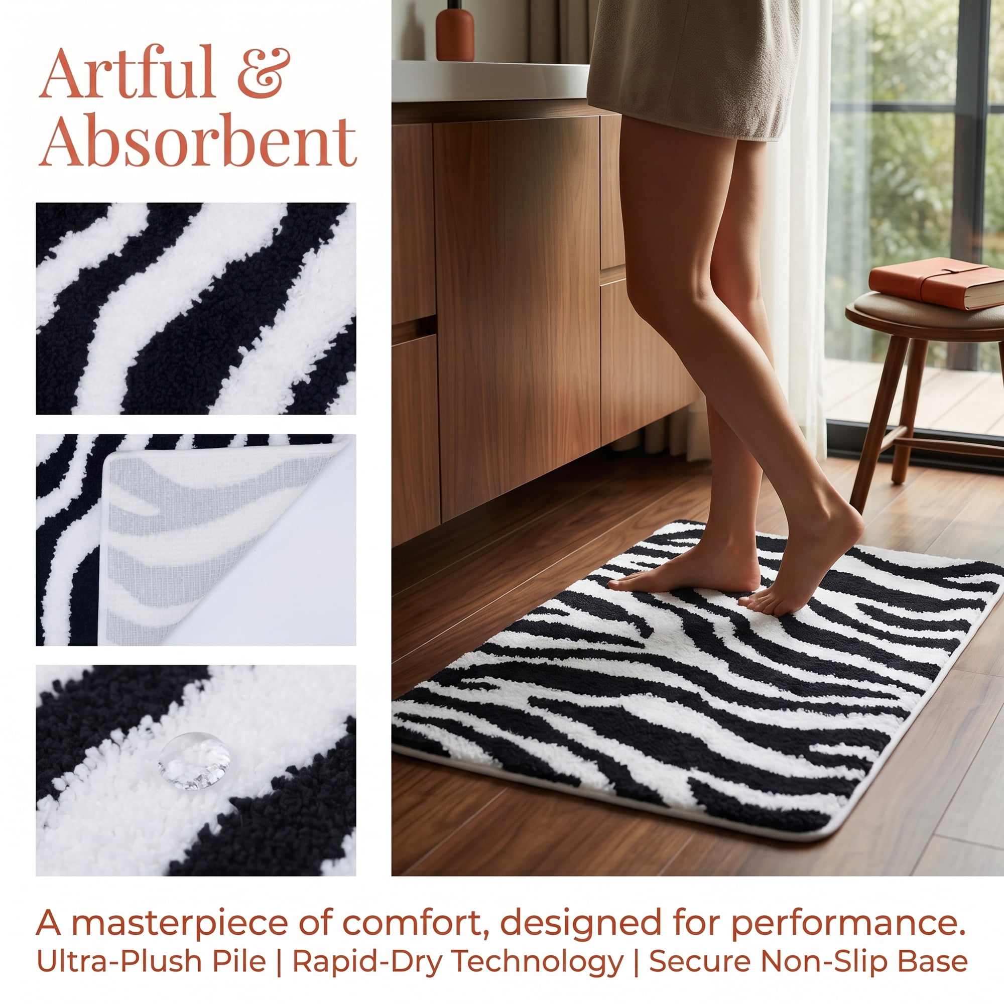 Unique Bargains Zebra Print Absorbent Non Slip Machine Washable Bath Mat Black 24" x 16"