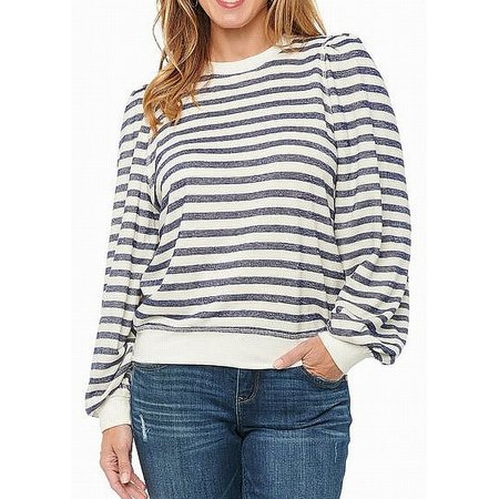 Democracy Women's Sweater White Striped Puff-Shoulder Blue XL