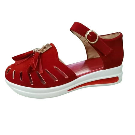 

TOYFUNNY Womens Thick Sole Wedge Platform Casual Solid Color Tassel Buckle Sandals Shoes